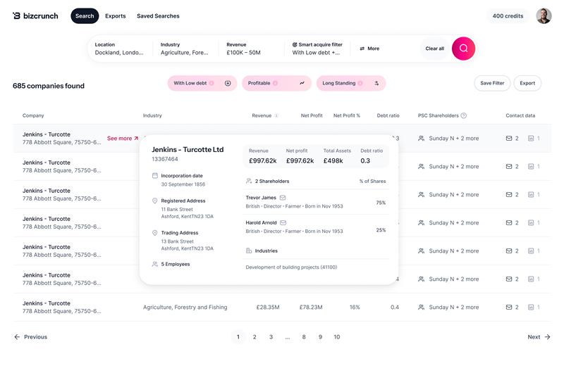 BizCrunch company details interface